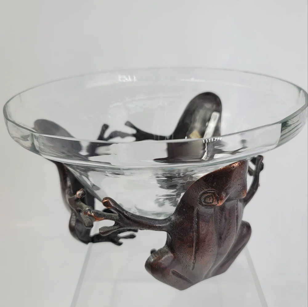 Decorative Glass Bowl Vase Centerpiece with Three Sitting Metal Frogs Stand Base